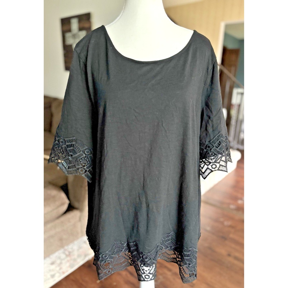 Chico's Lace Trim Ponte Top 3/4 Sleeves Size 3 (US XL/16) Black
